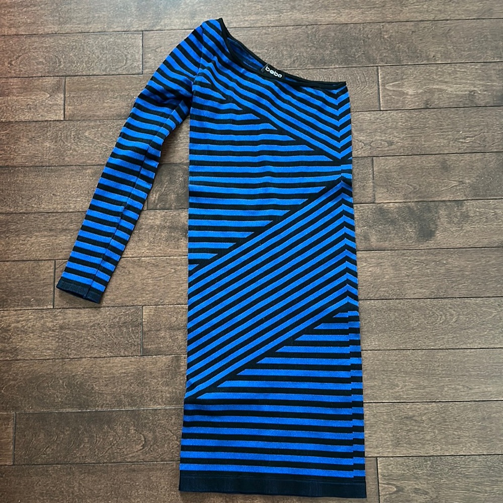 Bebe One Shoulder Bodycon Blue & Black Stripe Dress Small